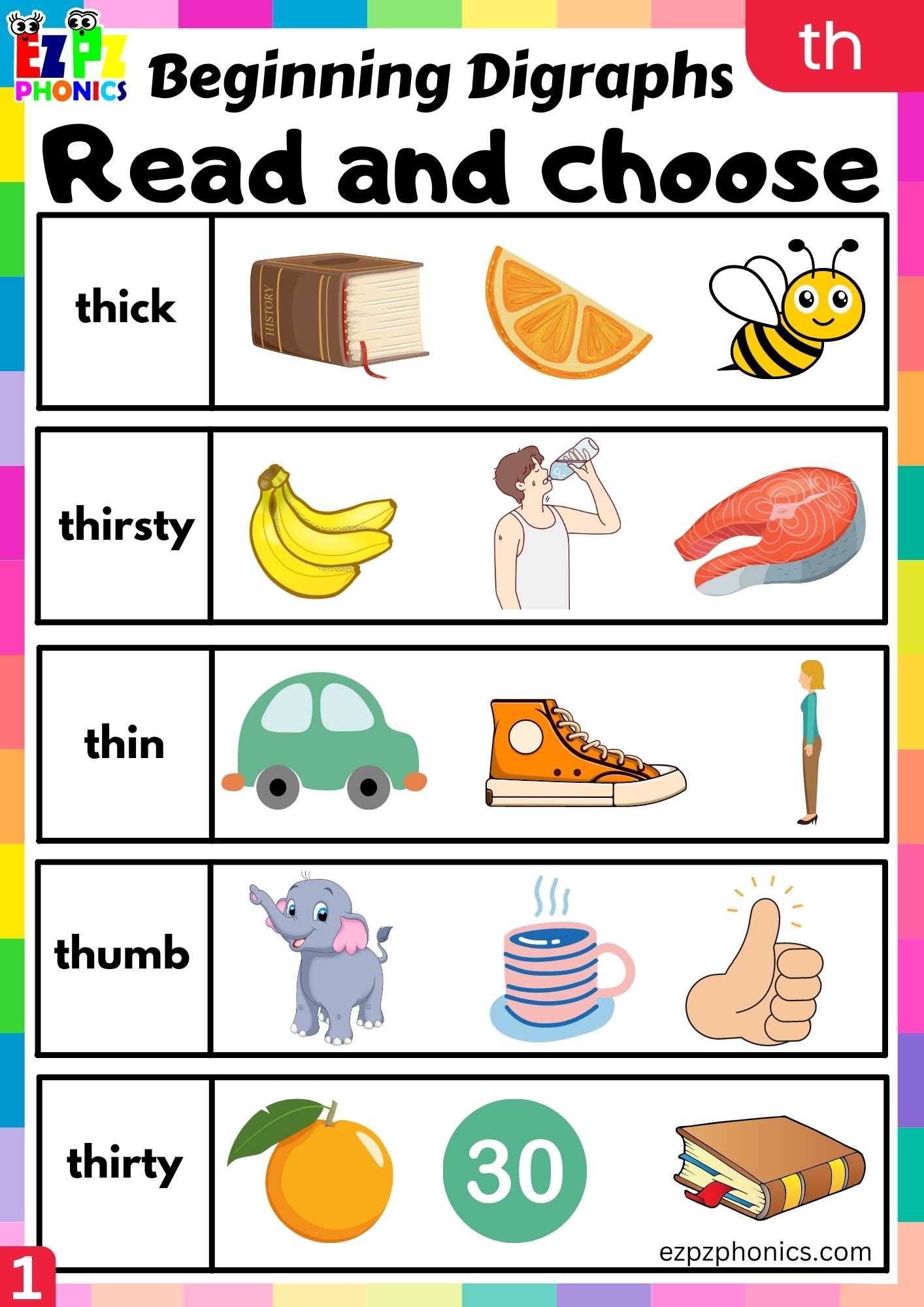 Group1 TH Words Read And Choose Consonant Digraphs Phonics Beginning Worksheet